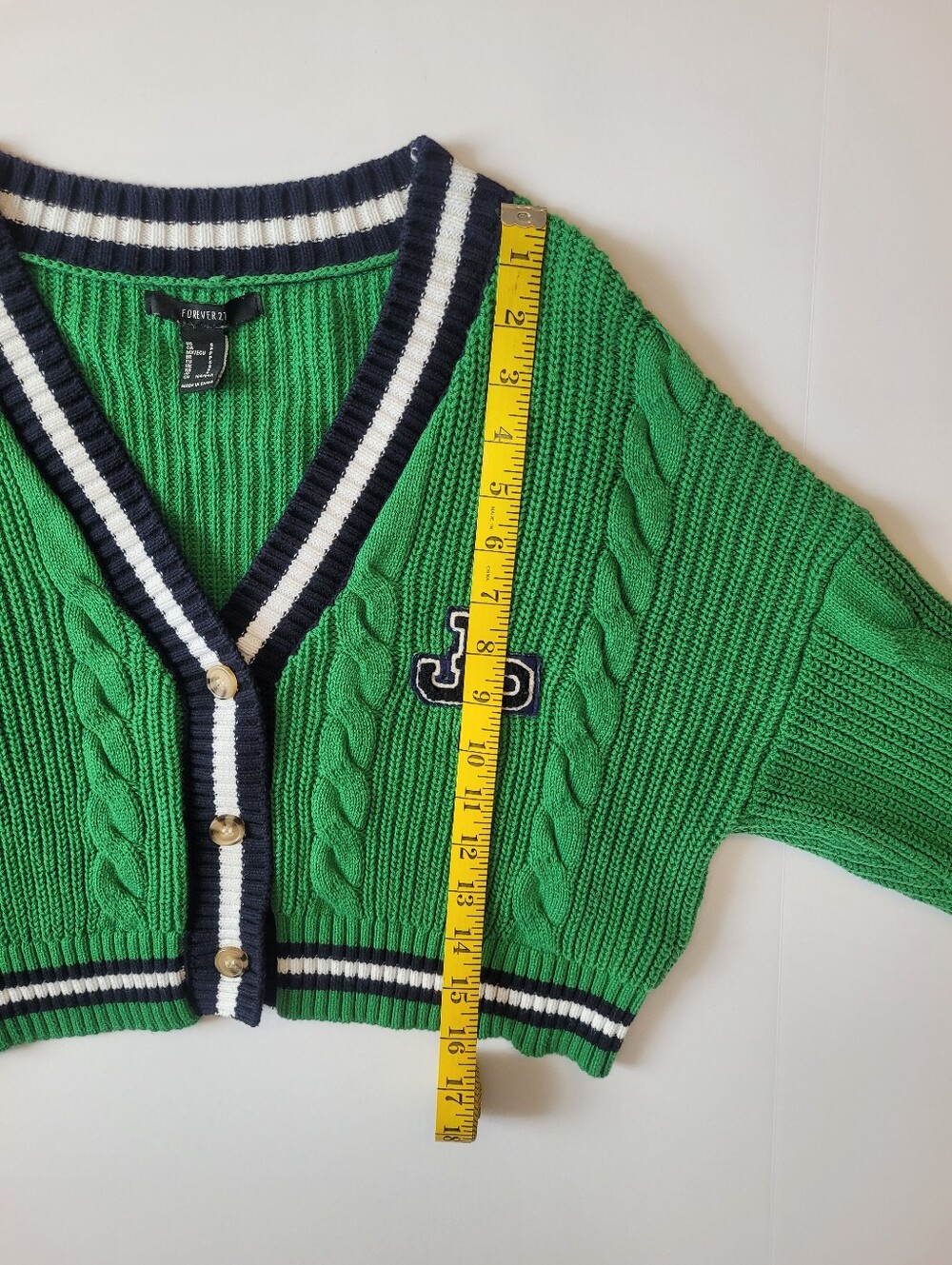 F21 Green Cropped Varsity Sweater Small 100% Cotton - Picture 7 of 13